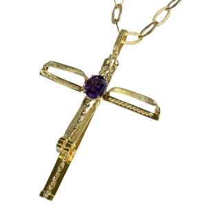 18 karat yellow gold necklace and cross pendant with amethyst - Italy 1970s