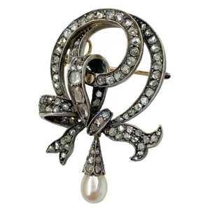 Gold and silver bow brooch with diamonds and pearl - Italy 19th century