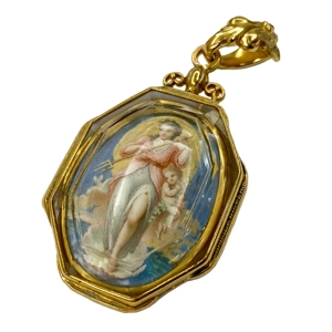 Pendente in oro giallo 18 karati con cristallo di rocca e miniatura - Italia XVIII secolo
