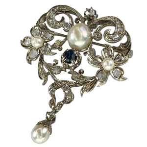 18k white gold pendant - brooch with diamonds, pearls and sapphire - Italy 1920s