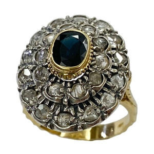 Gold and silver daisy ring with sapphire and diamonds - Italy 1980s