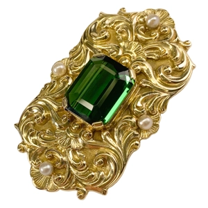 14 karat yellow gold brooch with tourmaline and pearls - England 1950s