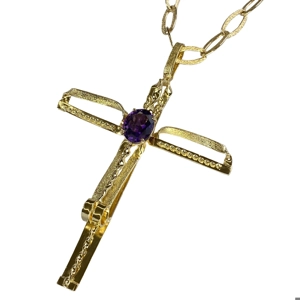 Collana e pendente a croce in oro giallo 18 karati con ametista - Italia anni '70