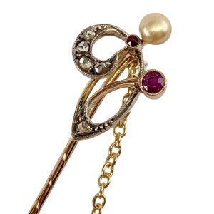 Gold and silver cloak pin with diamonds, rubies and pearl - Italy early 1900s