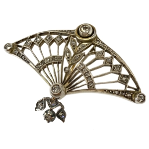 Fan-shaped brooch in gold and silver with diamonds - Italy early 1900s