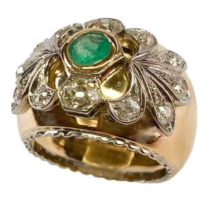 18 karat yellow and white gold ring with emerald and diamonds - Italy 1940s