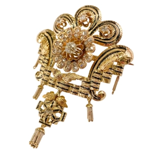 18 karat yellow gold brooch with diamonds and enamels - Italy 19th century