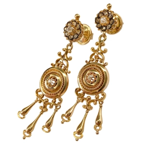 18 karat yellow gold earrings with diamonds and enamels - Italy 19th century