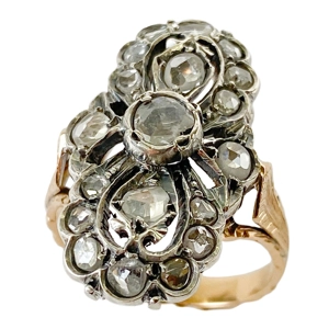 18 karat yellow gold and silver ring with diamonds - Italy 1960s