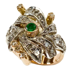 18 karat rose gold and silver ring with emerald and diamonds - Italy 1970s